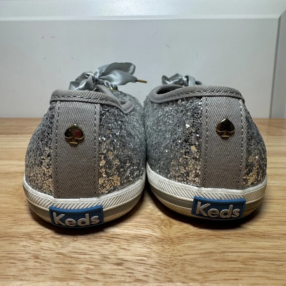 Kate Spade x Keds Champion Silver Glitter Ribbon Sneakers WF52390 Womens 8.5